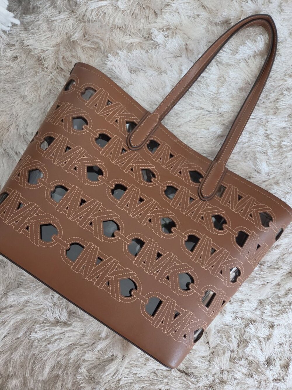 MK Michael Kors Eliza Perforated Cutout Logo Leather Open Tote Bag Brown